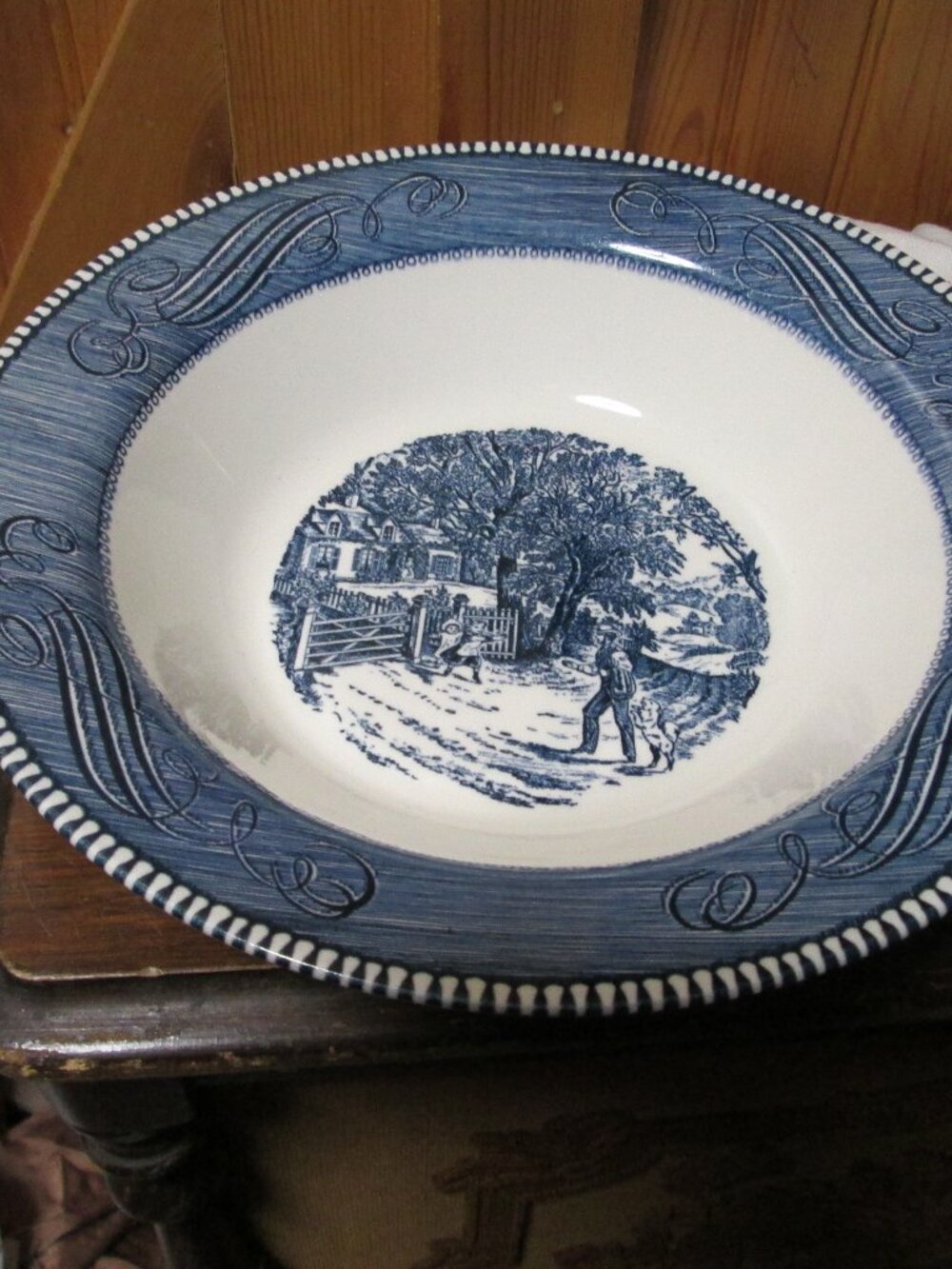 Vintage Currier Ives Home Sweet Home 10 in serving bowl man greeting dog
